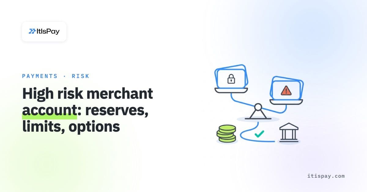 Card payment on a scale between a locked reserve and a chargeback warning, with a separate coin path into a bank