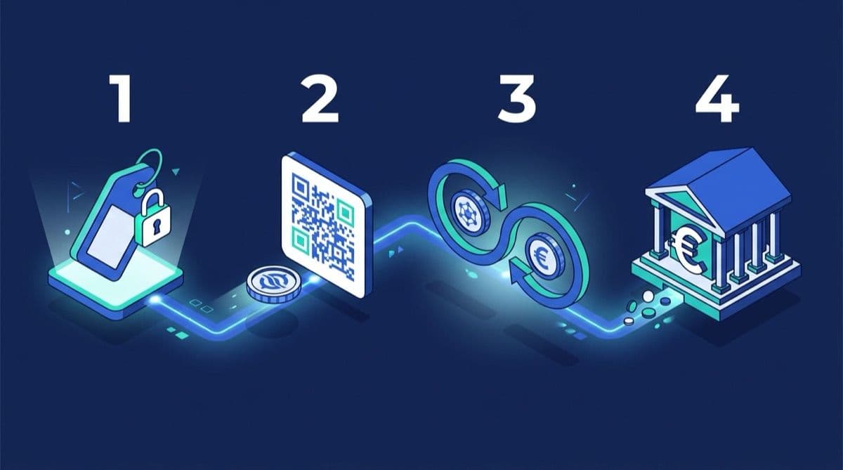 Four steps of a crypto to euro gateway: rate lock, payment to a one-time address, conversion, payout to a bank