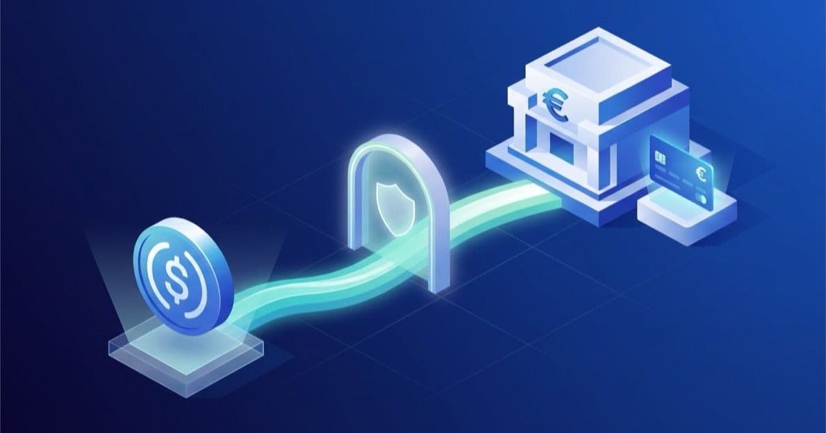 Diagram of a stablecoin payment passing through a secure gateway and arriving as euros at a bank