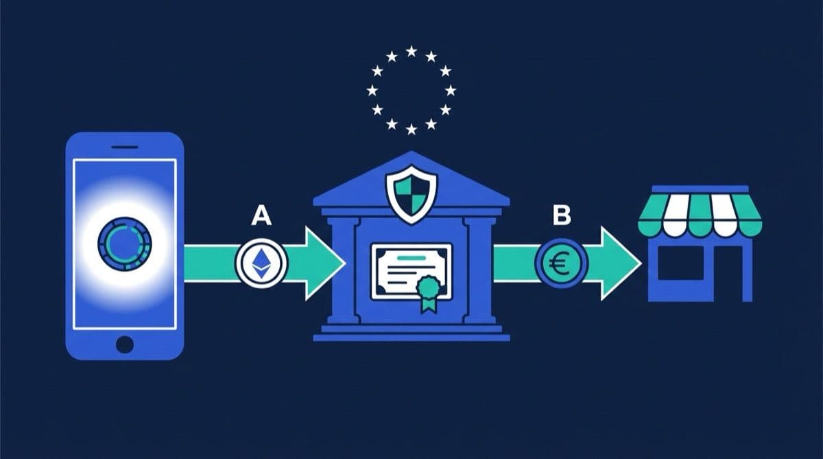 A customer's crypto payment goes to a licensed gateway under EU supervision, which pays the shop in euros
